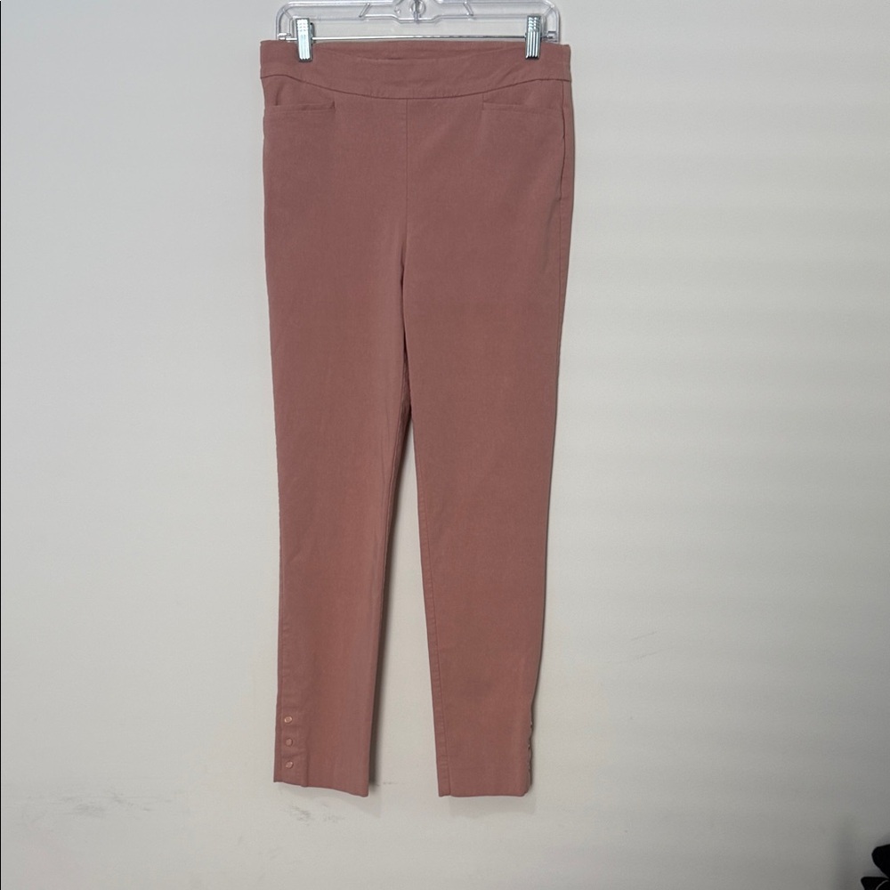 Chicos Pink Pull On Straight Leg Ankle Pants with Button Trim at Legs, size 8